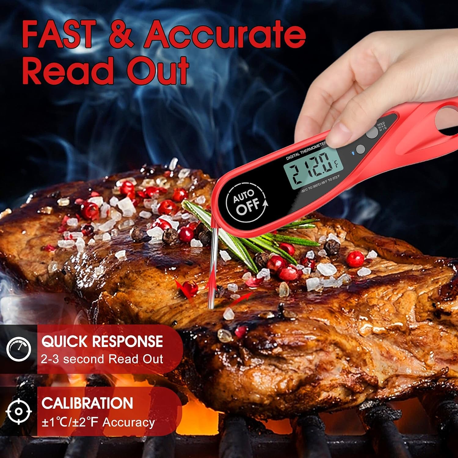 Meat Thermometer,  Instant Read Food Thermometer for Kitchen Cooking, Digital Waterproof Grilling Thermometer with Backlight, Magnet for Candy Baking, Deep Fry, Roast Turkey, Outdoor BBQ(RED)