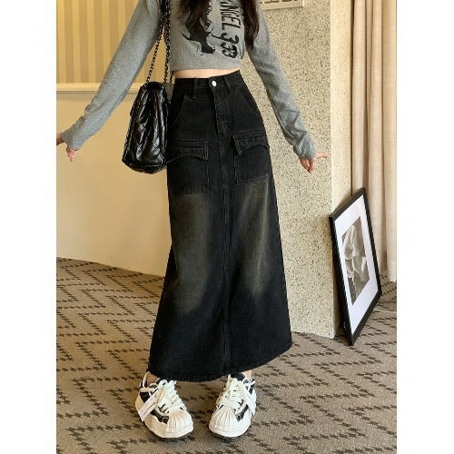 Retro Design Straight Hip Skirt Black Mid-length