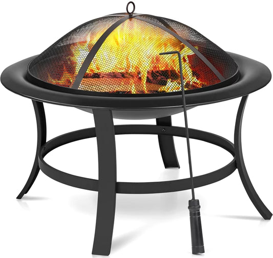 29'' round Iron Fire Pit with Spark Screen Fire Poker, Black